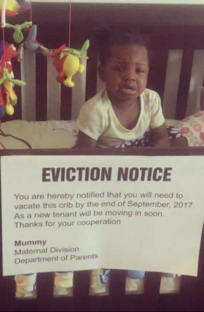 Lol... Nigerian mum gives toddler daughter eviction notice from her crib and she doesn