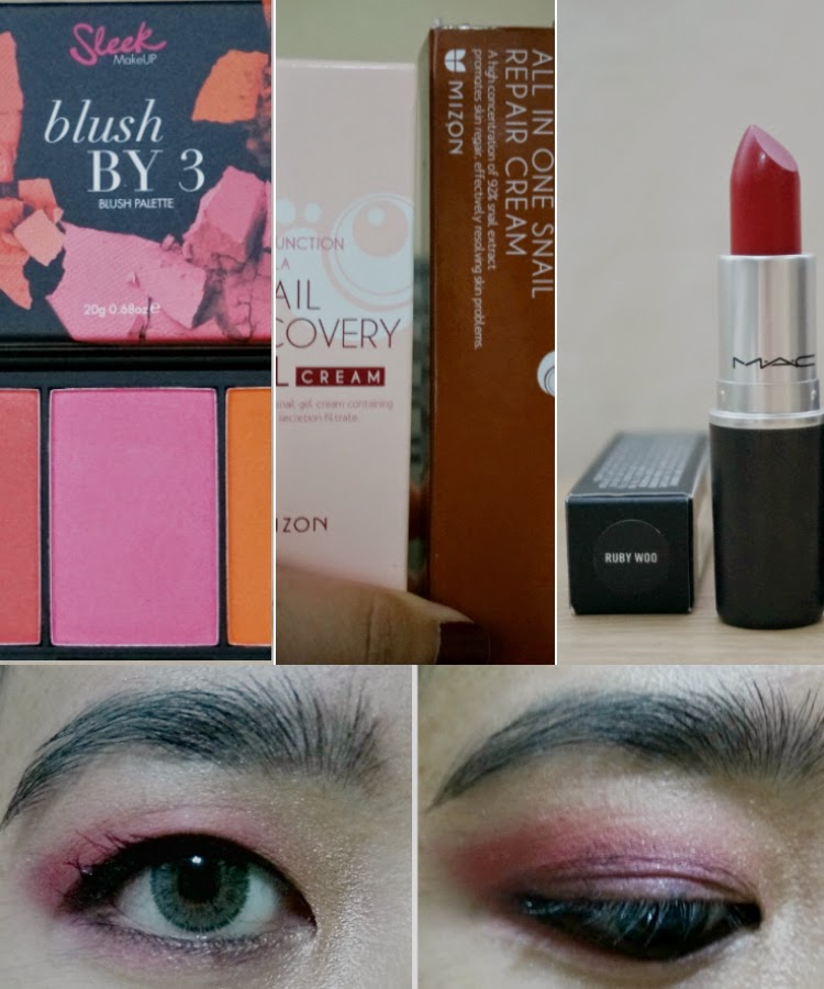 Sleek Makeup Blush by 3, MAC Ruby Woo, Mizon Snail Recovery Gel and Repair Cream