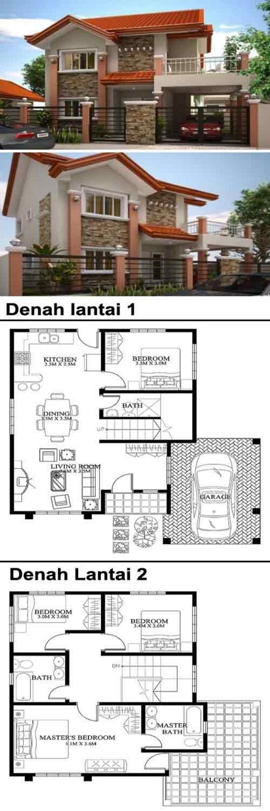 Rancangan Denah Rumah 2 Tingkat Type 45 Idaman