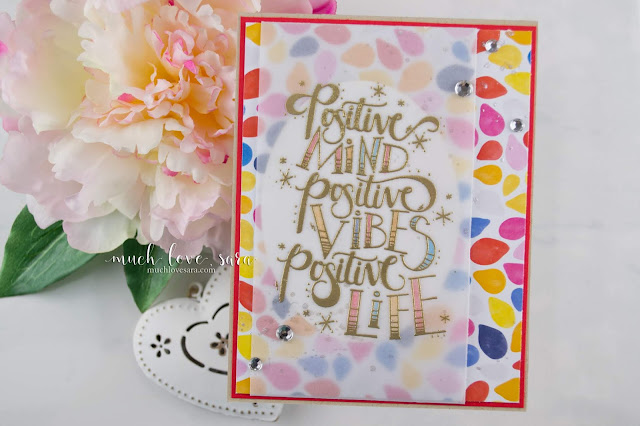 This bright and colorful card features Fun Stampers Journey's new Positive Life ATS.  Gold heat embossing, and lots of sparkle make this uplifting card shine.   #fsjallday