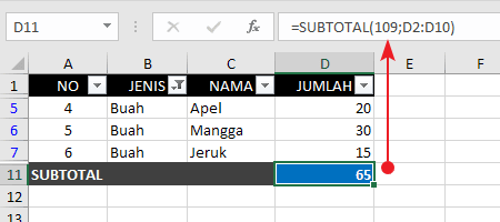 Filtered Subtotal Formula Function Example