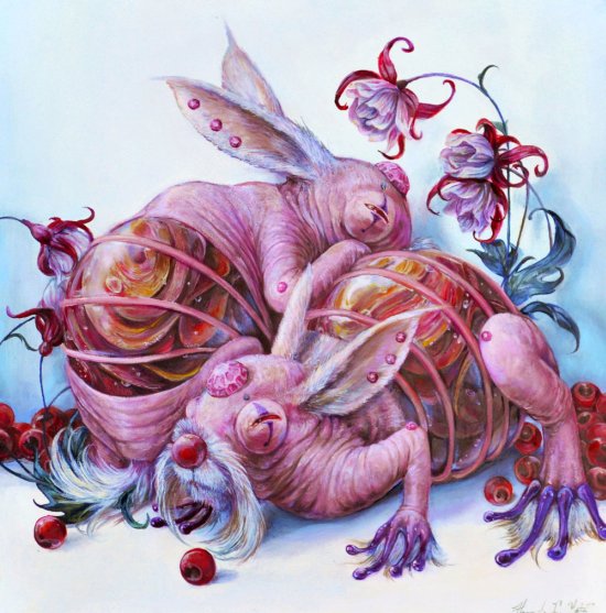 Hannah Faith Yata pinturas psicodélicas surreais sombrias  bizarras formas femininas peixes natureza cores