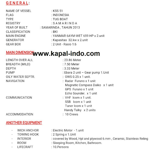 Ship particular tugboat KSS 51 Ship particular tugboat kss 51, jual kapal tugboat kss 51, pemilik kapal tugboat kss 51, owner tugboat kss 51, jual kapal tugboat murah, jual kapal tugboat mesin yanmar, jual kapal tugboat mesin 659x2hp