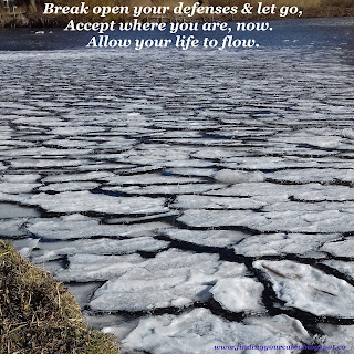 How to be accepting and stop resisting what you don't like about your life Image of white broken ice on the survice of water with the text: Break open your defenses and let go, accept where you are, now. Allow your life to flow.