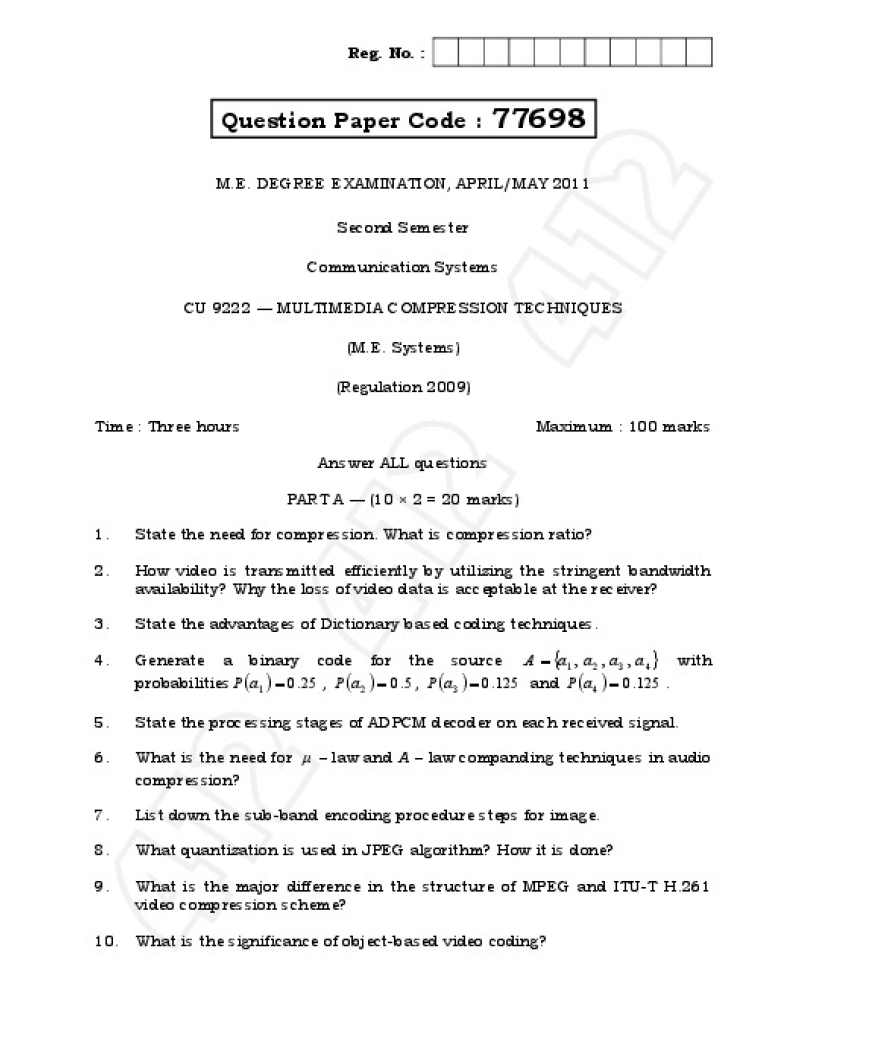 CU9222 Multimedia Compression Techniques April May 2011 Question Paper