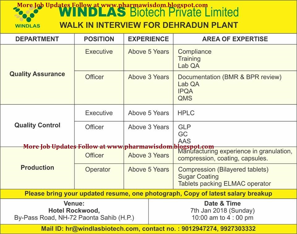 WINDLAS Biotech Pvt. Ltd WalkIn Interviews for Q.A / Q.C