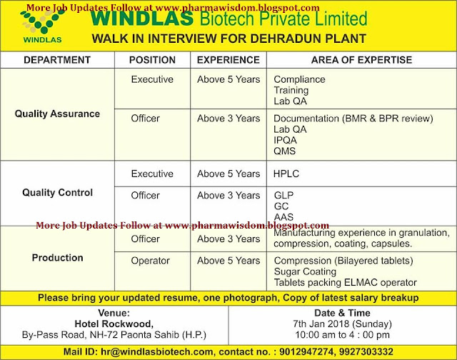 WINDLAS Biotech Pvt. Ltd WalkIn Interviews for Q.A / Q.C