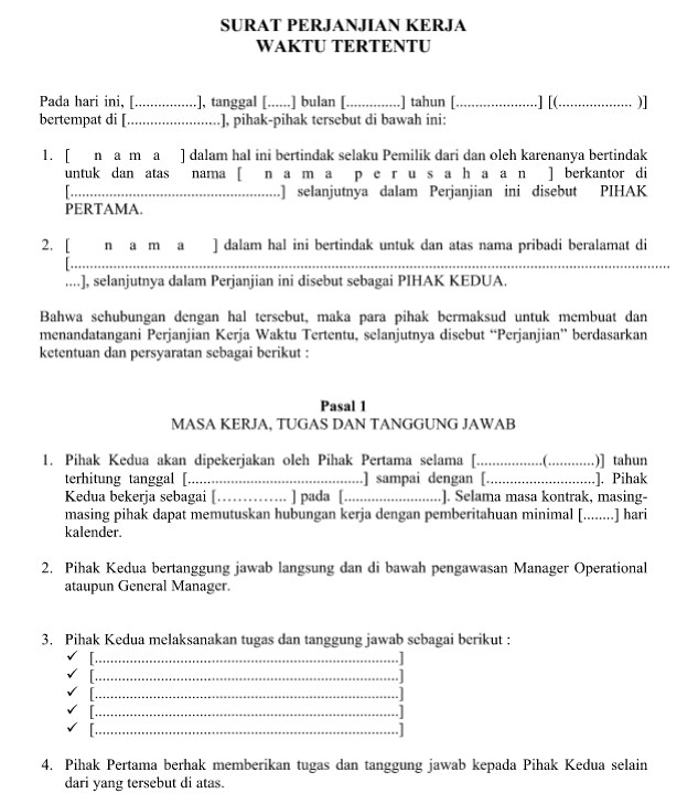 Contoh Surat Perjanjian Kerja Jangka Waktu Tertentu Format