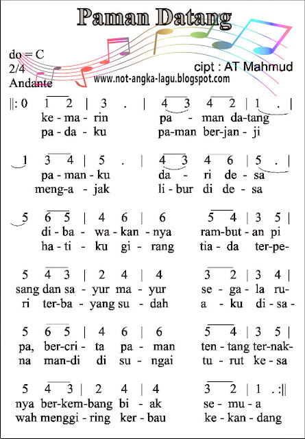 Not Angka Lagu Paman Datang Chord Lagu Indonesia