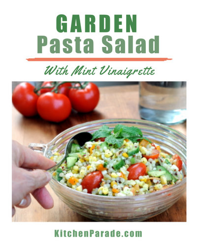 Garden Pasta Salad with Mint Vinaigrette ♥ KitchenParade.com, light on the pasta, generous with the summer's best fresh veggies and all tossed in a g-o-r-g-e-o-u-s mint vinaigrette.