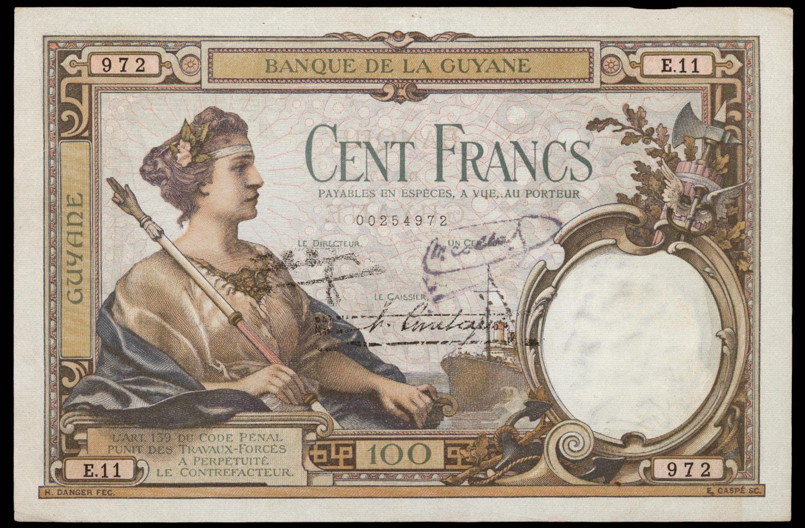 French Guiana 100 Francs banknote 1933 1942World Banknotes & Coins Pictures Old Money