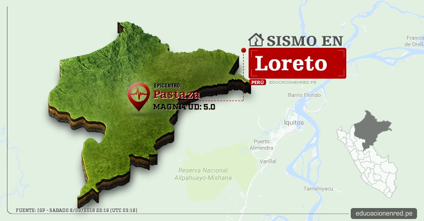 Temblor en Loreto de magnitud 5.0 (Hoy Sábado 8 Septiembre 2018) Sismo EPICENTRO Pastaza - Alto Amazonas - IGP - www.igp.gob.pe