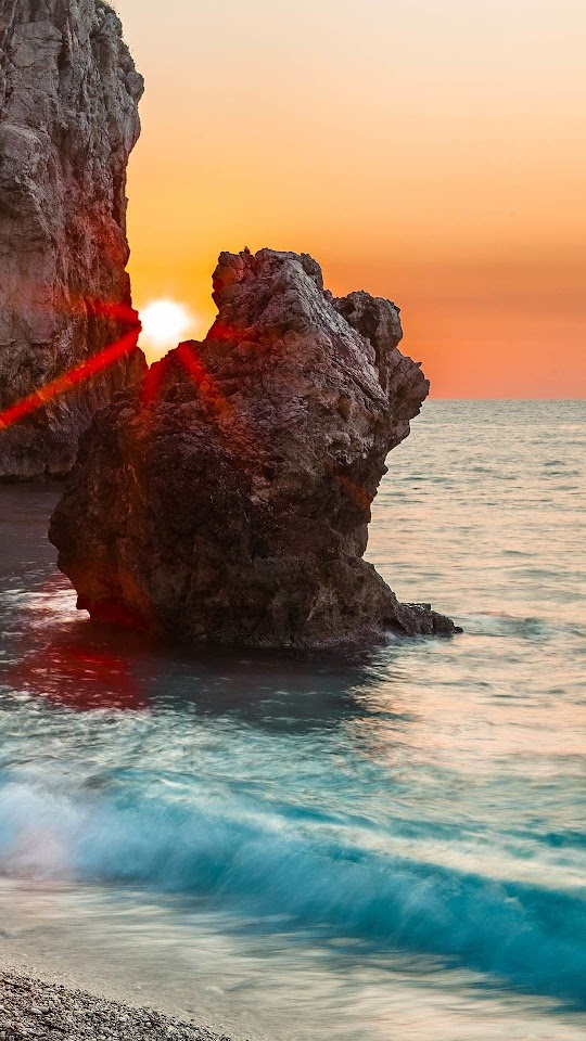 Sun Behind The Rocks Clear Blue Sea  Galaxy Note HD Wallpaper