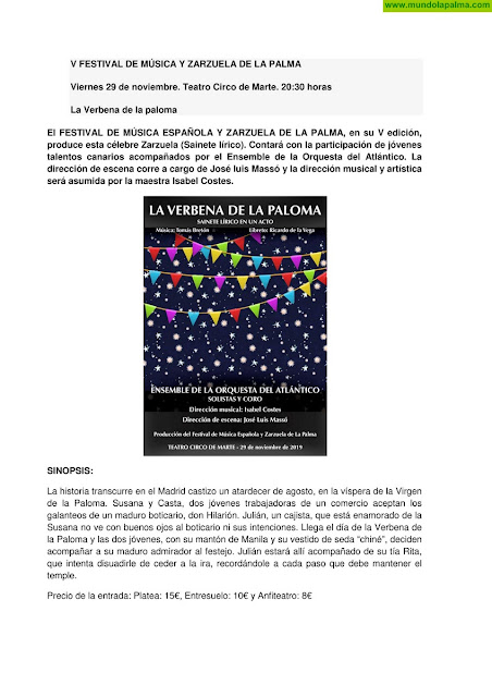 Programación cultural noviembre de 2019 de Santa Cruz de La Palma