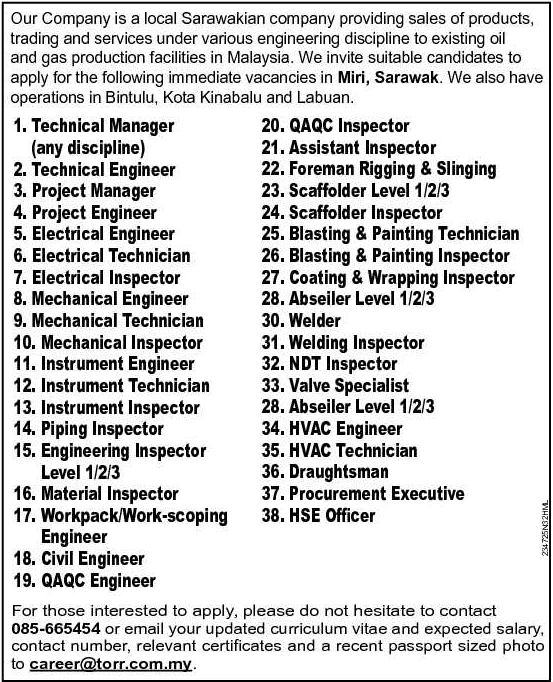 Oil Gas Vacancies Vacancies Torr Miri