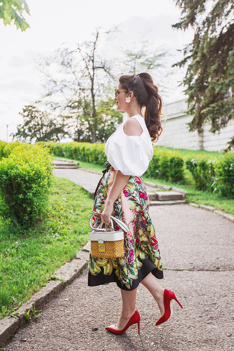 ASOS High Waisted Midi Prom Skirt in Fruit Print