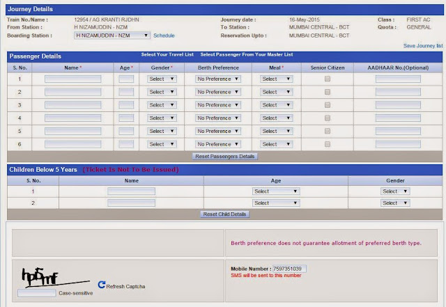 passenger details for reservation on irctc