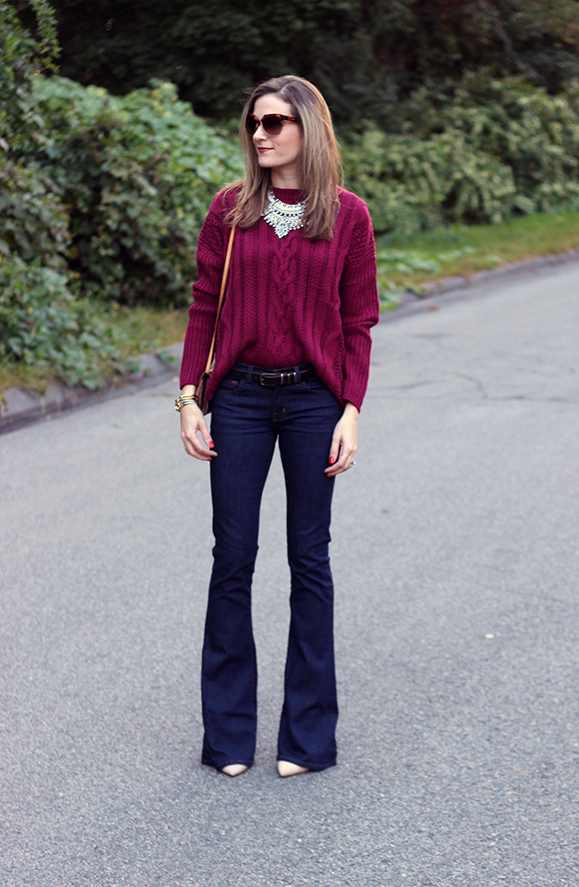 Burgundy Sweater, Flare Jeans, and Weekend Wear Link Up! Threads for