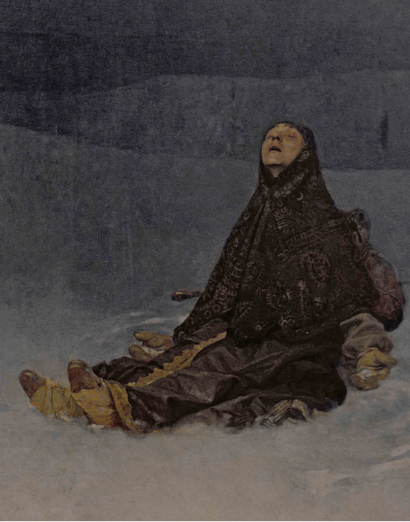 animated gif showing a detail of Alphonse Mucha's painting Woman in the Wilderness, 1923 with a fading in photograph of his wife Maruška posing for the painting.