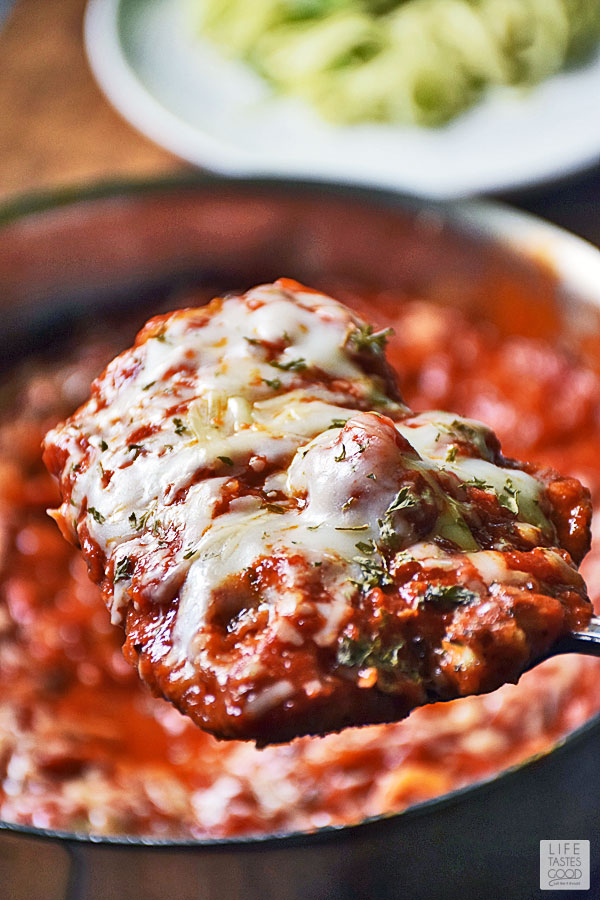 Keto Chicken Parm being served from the skillet