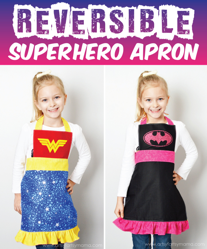 Reversible Superhero Apron Tutorial at artsyfartsymama.com