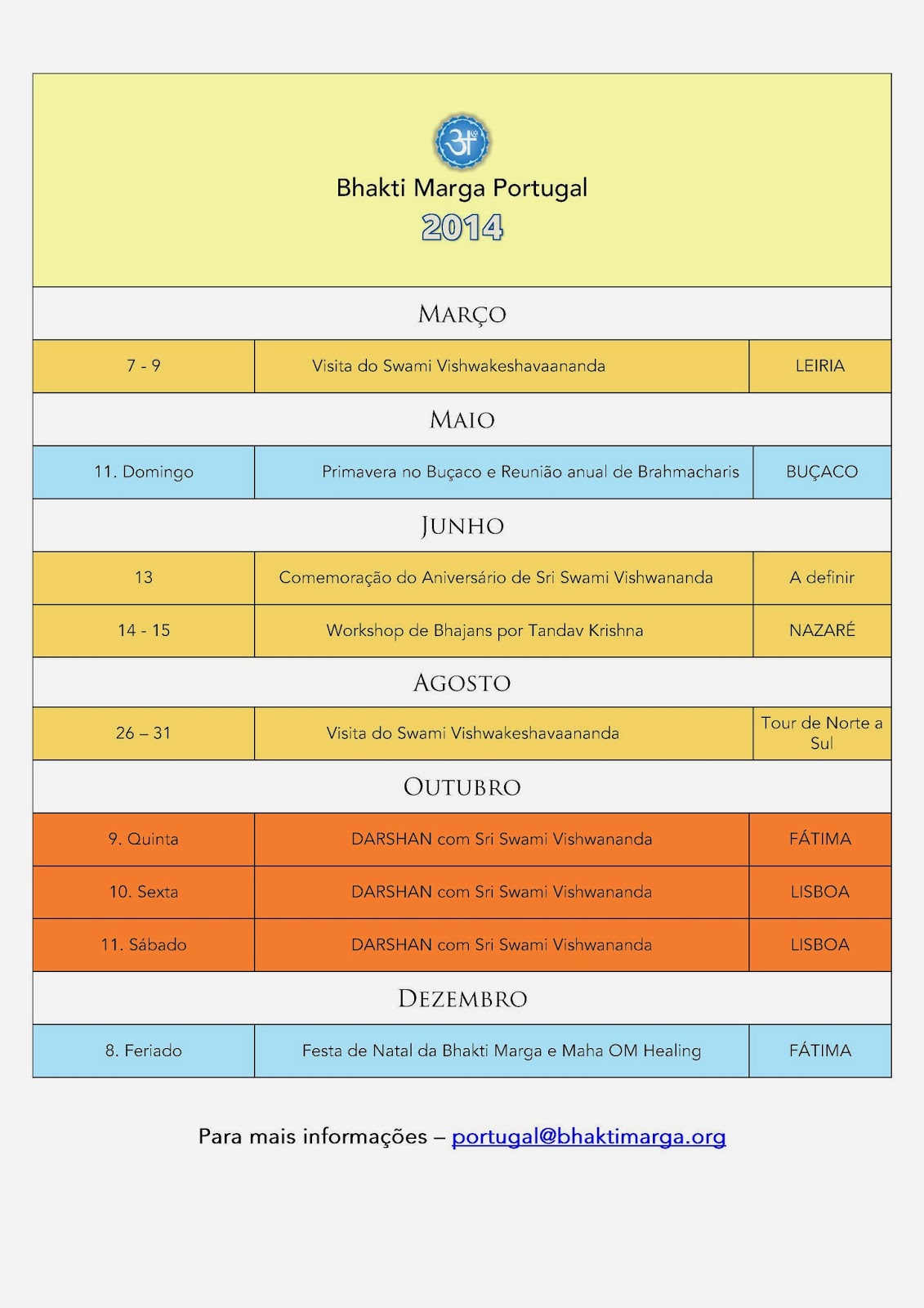 Sri Swami Vishwananda Calendário Bhakti Marga Portugal Actualizado