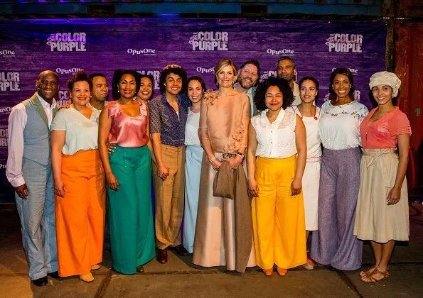 Dutch Queen Maxima attended premiere of The Color Purple Musical, held at NDSM-Loods in Amsterdam. Queen wore Natan trousers and top, jumpsuits
