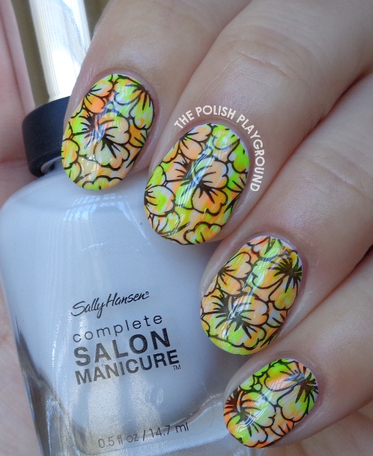 Neon Coral and Green Dry Brush with Black Floral Stamping Nail Art