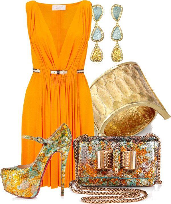 Orange Dress, Bag, High heels shoes and Earrings.... For Ladies