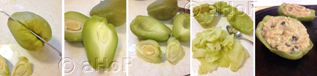 Cutting chayote, chayote squash, removing seed,