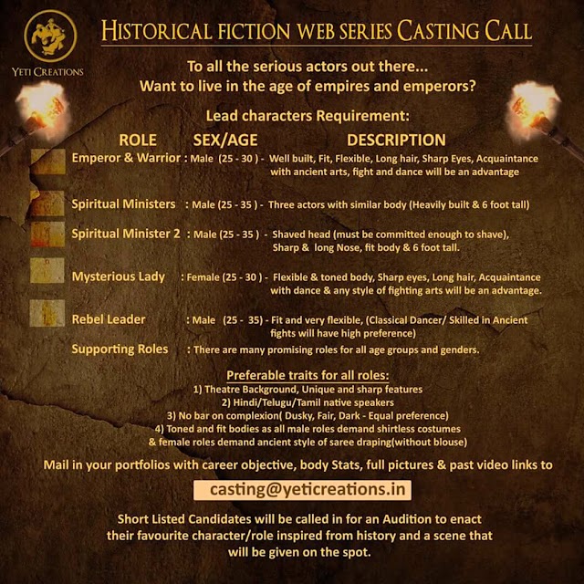 CASTING CALL FOR A HISTORICAL FICTION -MANY PROMISING CHARECTOR REQUIREMENTS