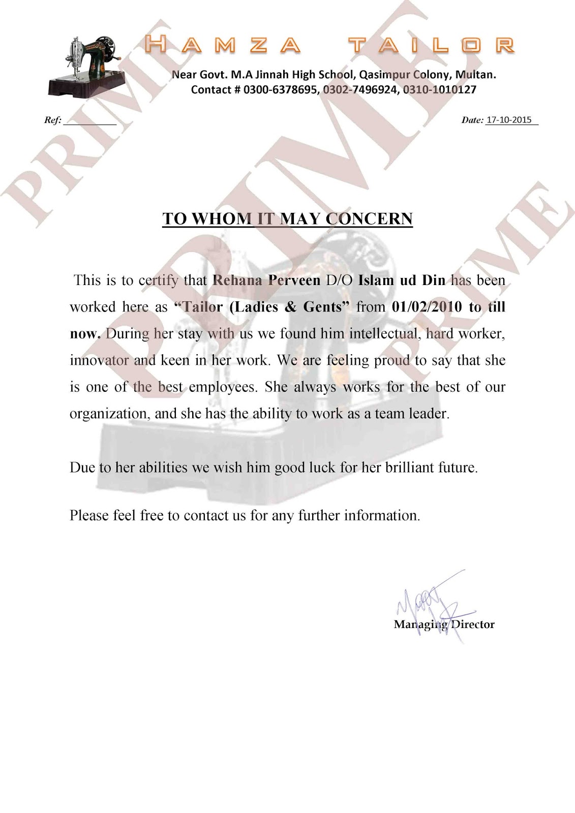 Prime Composing Center Experience Certificates