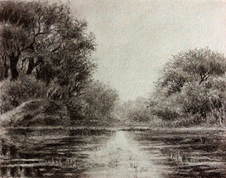 Charcoal sketching/painting of a landscape from Bharatpur Bird Sanctuary by Manju Panchal. Fine artist from India