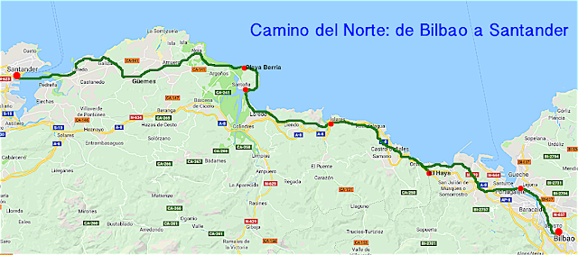Mapa del tramo de Bilbao a Santander. Camino del Norte