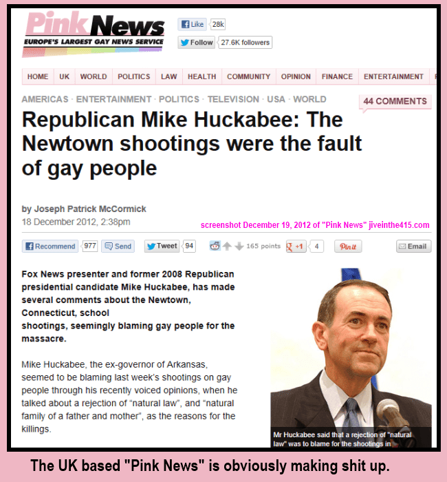 Screenshot of the UK's Pink News story about Mike Huckabee 12-19-2012
