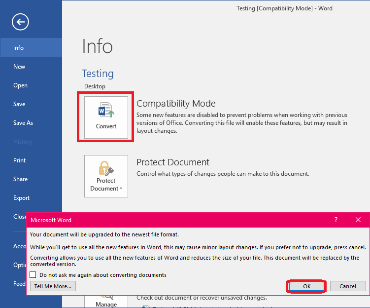 word 2016 disable compatibility mode