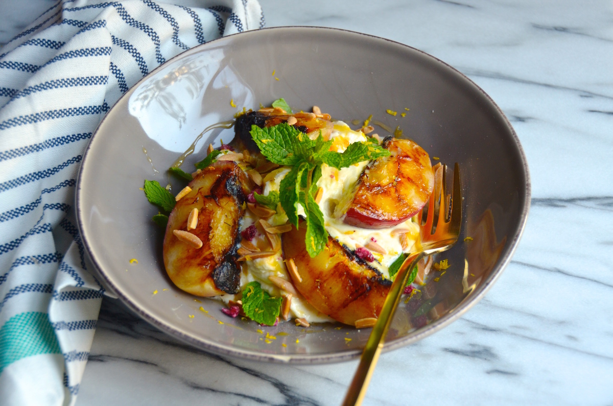 Grilled Nectarines with Honey, Almonds & Orange Blossom Ricotta