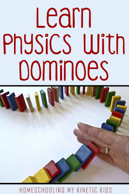 Learn Physics with Dominoes // Homeschooling My Kinetic Kids // Sneak in some awesome STEM learning with a set of dominoes junior colorful and irresistible tiles and dinosaurs.  Explore the laws of motion and see some other great chain reaction toys.