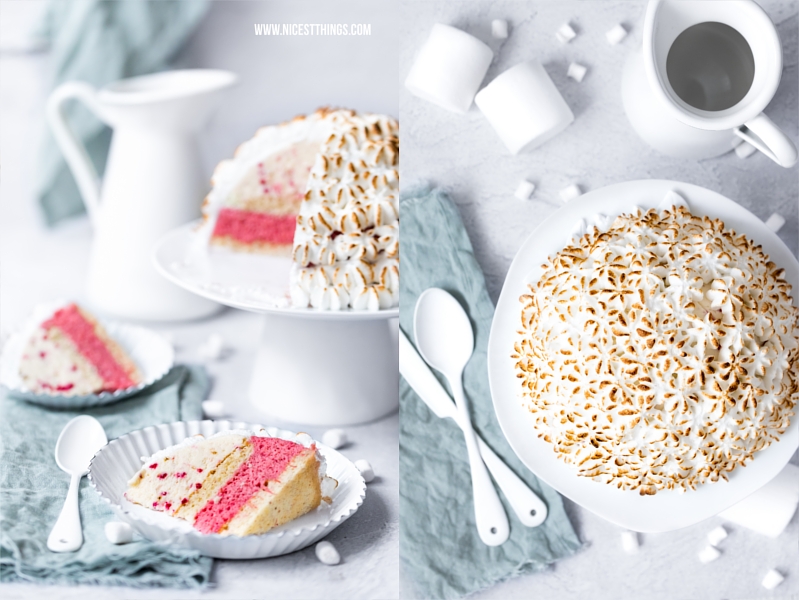 Baked Alaska mit Rhabarber Eis, Marshmallow Eis, Biskuit