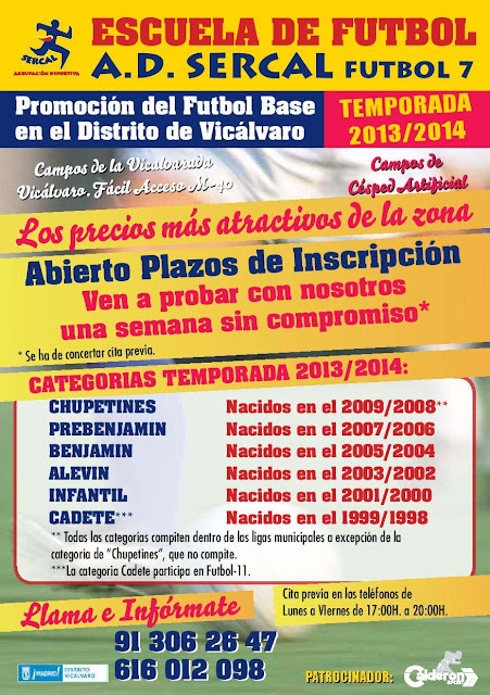 Escuela de fútbol SERCAL Vicálvaro Inscripciones 2013/14