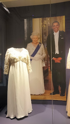 One of the Queen's state outfits in a Royal   Welcome 2015 exhibition at Buckingham   Palace - Photo © Rachel Knowles