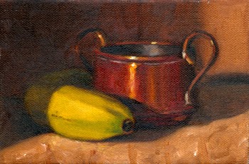 Oil painting of a small copper pot with two handles beside a banana.