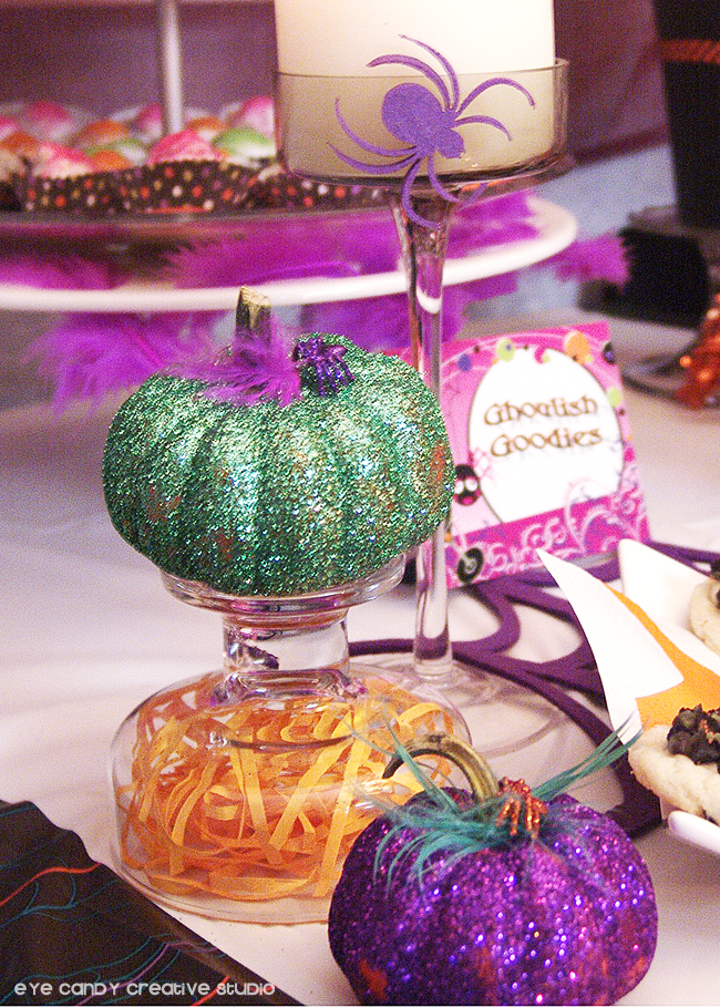how to glitter pumpkins, ghoulish goodies, halloween party decor