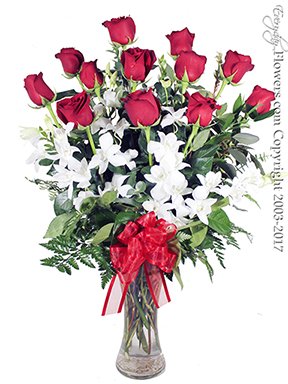 Order a dozen long stem red roses with white orchids