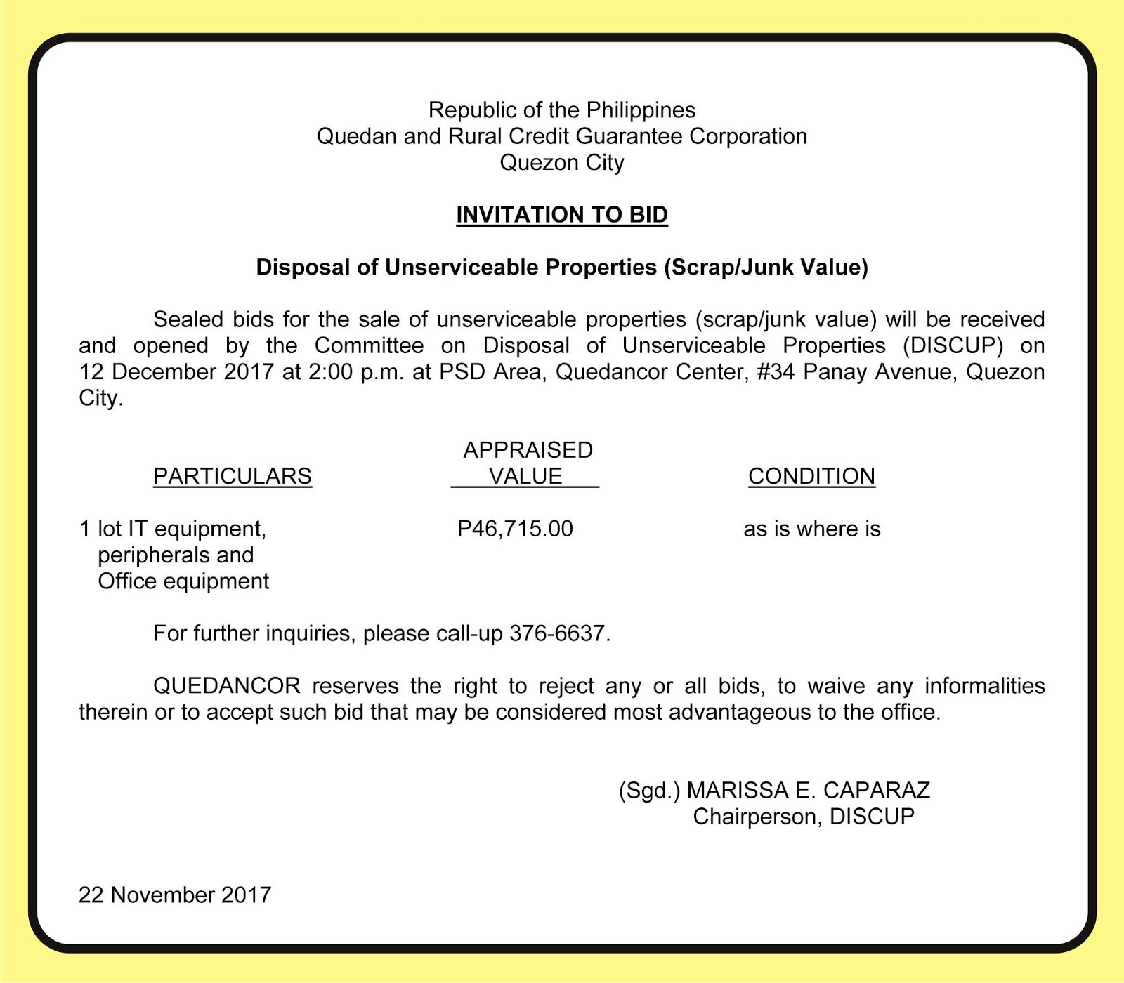 Quedancor Invitation To Bid Disposal Of Unserviceable Properties