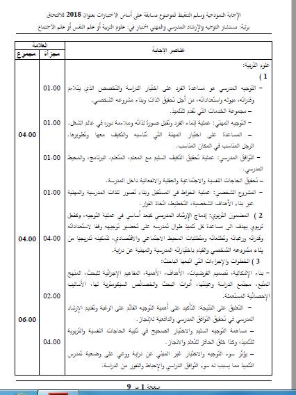 التصحيح الرسمي لموضوع اختبارعلوم التربية لمسابقة مستشار التوجيه والارشاد المدرسي والمهني 2018