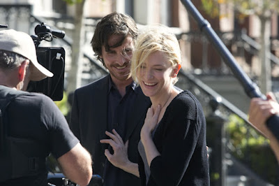 Cate Blanchett and Christian Bale on the set of Knight of Cups