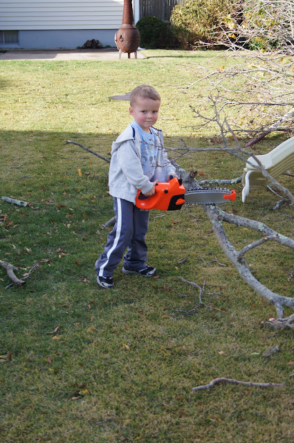 toddler realizing chainsaw doesn't work