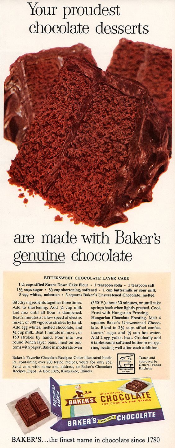 Dying for Chocolate BITTERSWEET CHOCOLATE LAYER CAKE Retro Ad & Recipe