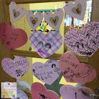 Valentine fun! Simple valentine bags equal gift bags and foam heart stickers from Michaels. This post also includes some simple valentine writing activities.  
